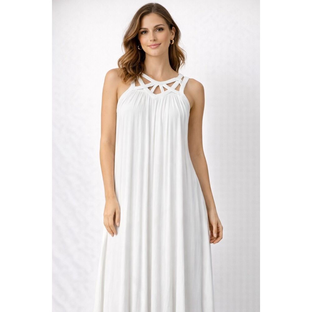 VNL Styleline White Resort Maxi Dress Geometric Strappy Back Size Small
